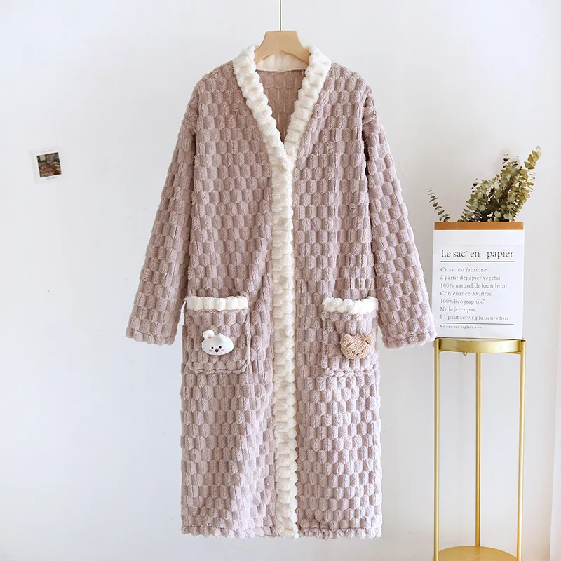 

Coral Fleece Winter Pajamas For Women Cartoon Long Robe Jacket Cute Home Wear Sleepwear Warm Comfy Lounge Bathrobe with Pockets