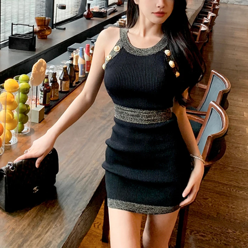 

Bright Silk Knitted Off-Shoulder Sexy Tank Hanging Neck Sleeveless Bodycon Women Dress Summer Elegant Gentle Wind Vest Skirt