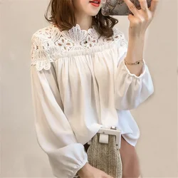 Women Chiffon Blouse Tops Spring Autumn Loose White Lace Blouses Female Long Sleeve Shirt Hollow Long Sleeve Shirt Plus Size