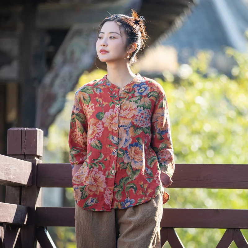 

Faionable Retro Floral Print Double Layer Women's irt Spring 2025 Loose Fit Long Sve Cotton Top Ethnic Trendy Blouse