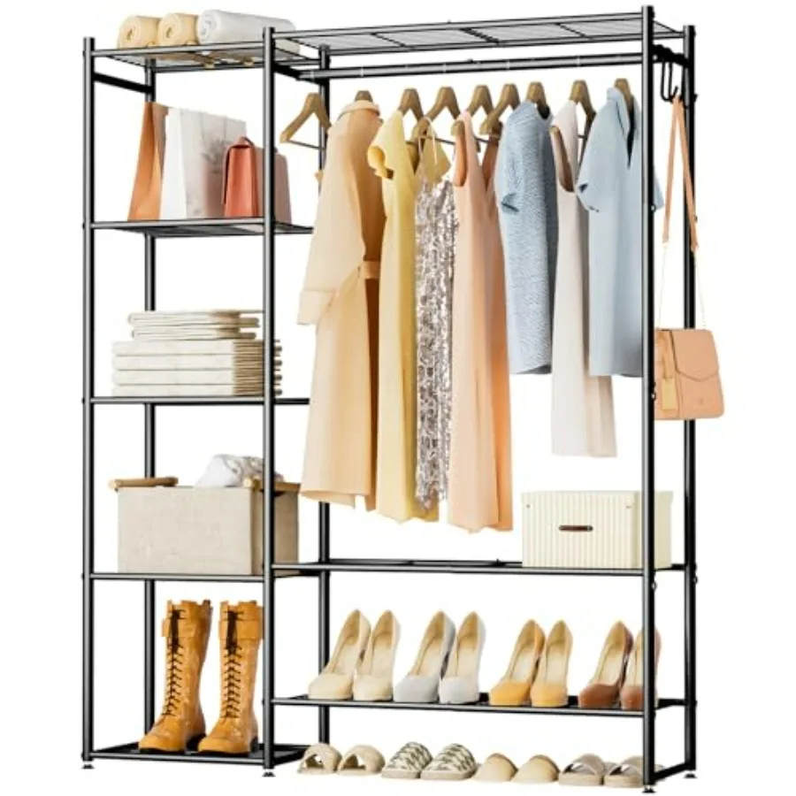 

Portable Clothing Rack for Hanging Clothes Free Standing Closet Organizer with 4 Tiers Shelves Black for Cloakroom Bedroom Stor