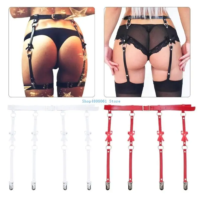 T3LC بولي Leather الجلود Bowknot الأشرطة عالية الخصر حزام الرباط مع كليب مثير تسخير الجسم عبودية الملابس الداخلية الحمالة حزام