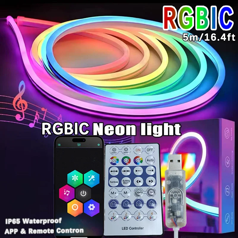 

Светодиодная неоновая лента Smart RGBIC длиной 16,4 футов, водонепроницаемая, гибкая, с возможностью нарезки, синхронизация с музыкой, для декора интерьера