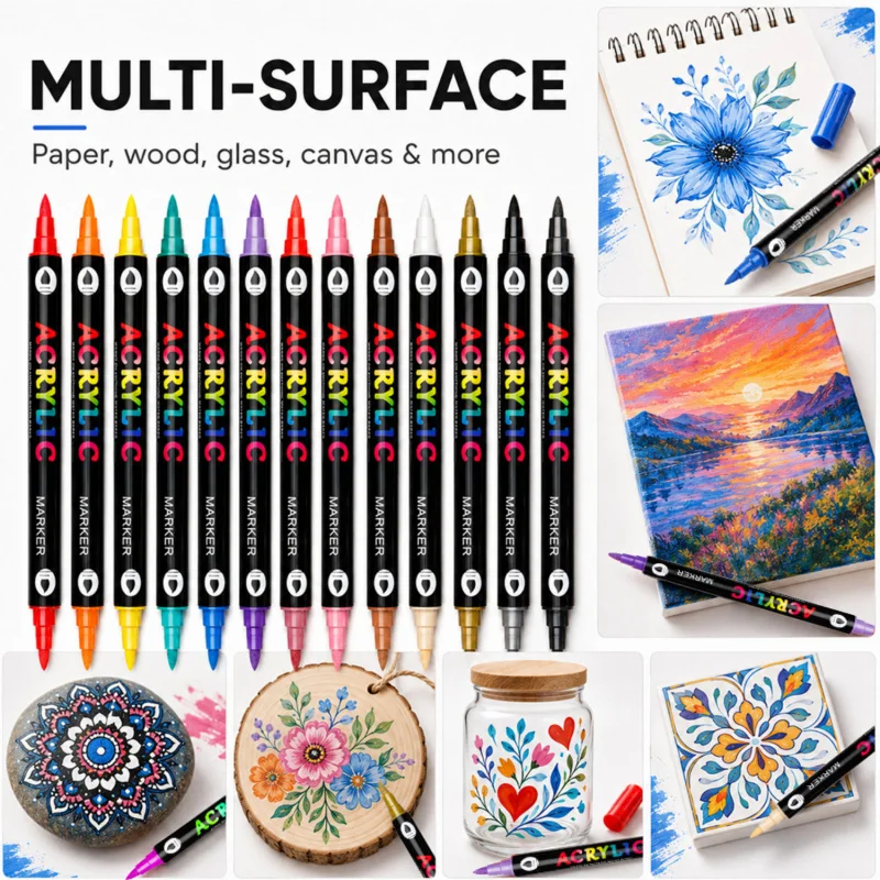 Vivid acrylic markers, fast-drying opaque ink. Multi-surface applicable, steady ink flow, wear-resistant nibs. Wide colour selec