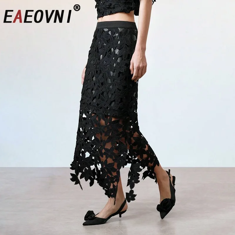 

EAEOVNI Black Hollow Out Design Women's Skirt Streetwear High Waist Solid Color Slim Long Skirts Fashion 2025 New Clothing