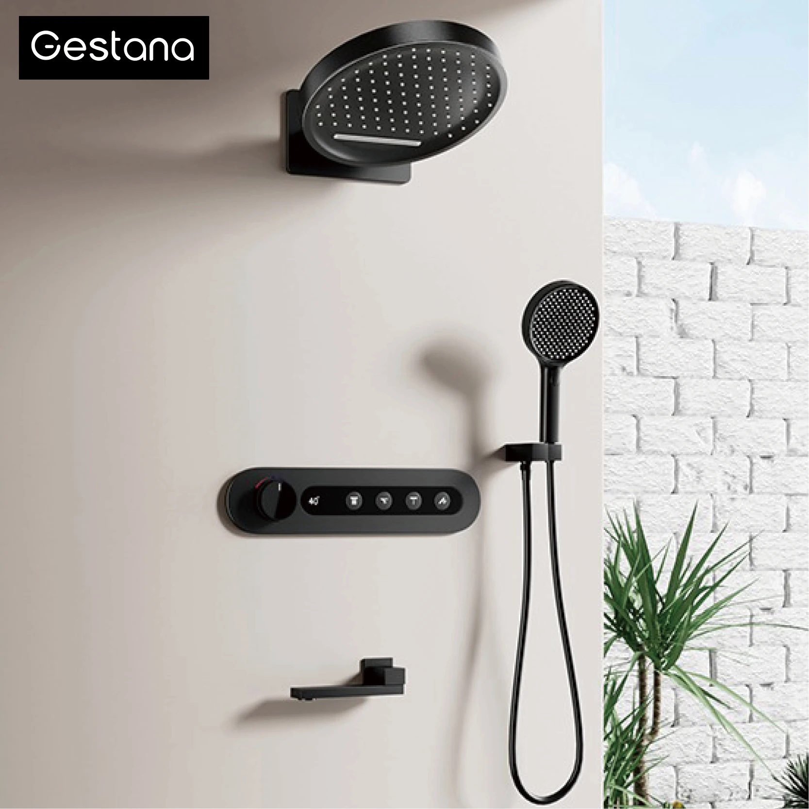 Luxury Matte Black Brass Thermostatic Shower System 4Spray Modes Ceiling- Mounted LED Digital Display Anti-Scald Bathroom Faucet