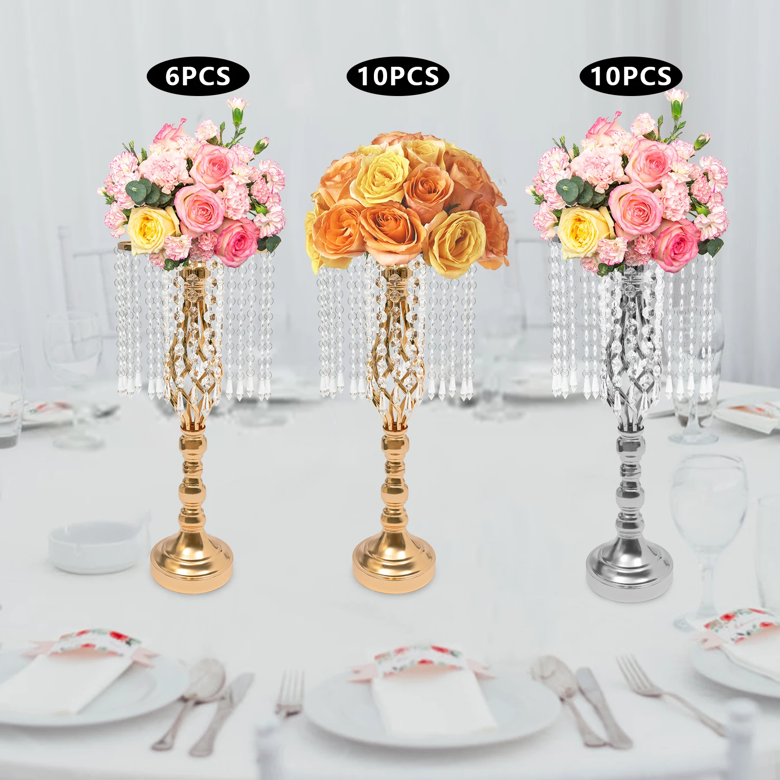 6pc/10pc  Golden or Sliver Crystal Flower Vase Stand Wedding Centerpieces For Table Gold Flower Stand