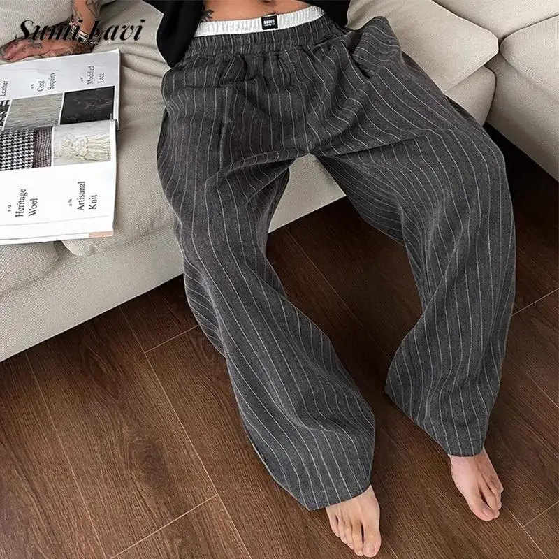 

Fashion Loose Straight Pants For Mens Spring Autumn Daily Casual Pleated Drawstring Trousers Men Vintage Striped Trousers