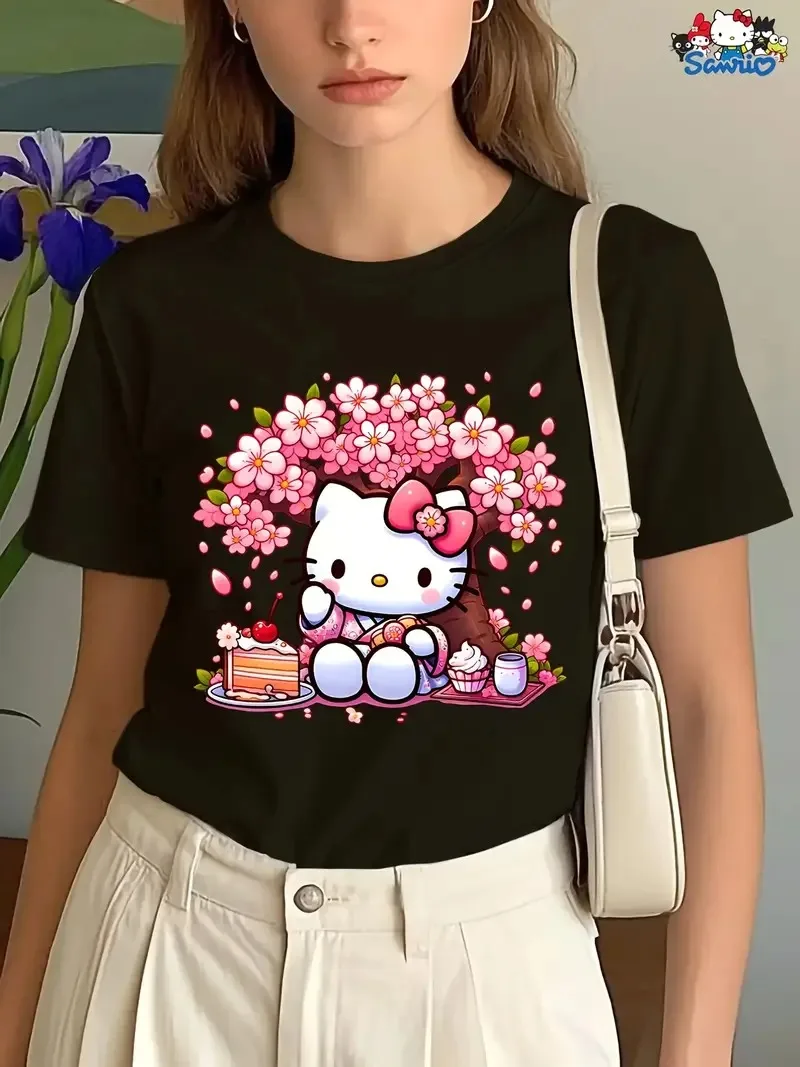 لطيف مرحبا كيتي زهر الكرز نزهة القطن تي شيرت العصرية المطبوعة العلامة التجارية القطن الخالص تي شيرت قصير الأكمام للجنسين جولة الرقبة #2