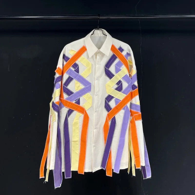 

WVGA Tops Spring Autumn New Man Ribbon Patchwork Trendy Design Turn-Down Collar Niche Chic Casual Long Sleeved Shirts Ins W11796