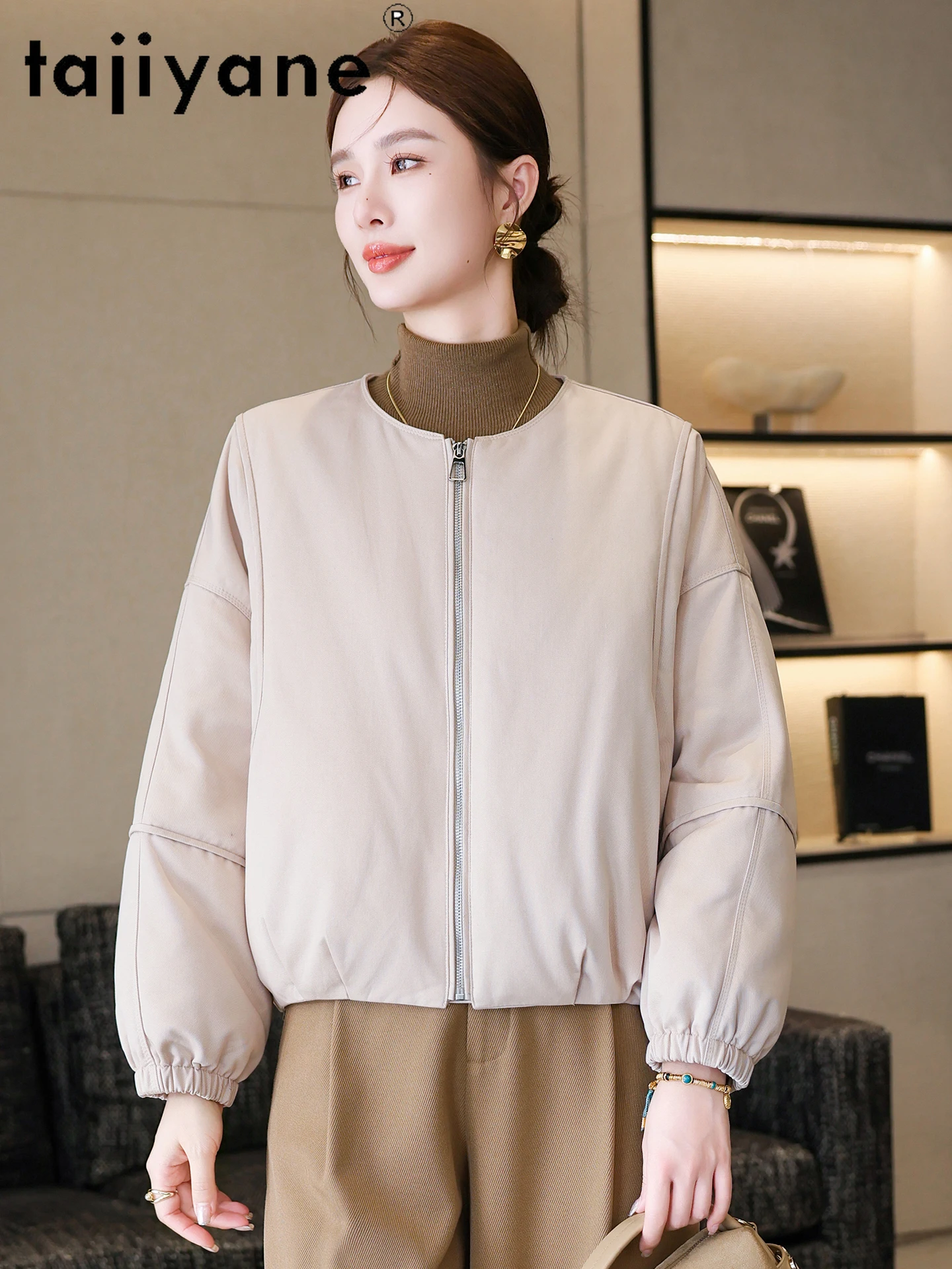 Kurtki puchowe damskie TAJIYANE, 90% biały puch gęsi, prosty krój z okrągłym dekoltem, stylowe krótkie kurtki puchowe, odzież zimowa damska 2025, пуховик