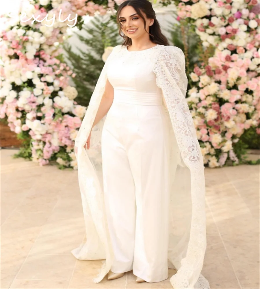 Amazing Jumpsuit Wedding Dresses With Cape Elegant Arabic Dubai Muslim Bridal Dress Elegant Lace Plus Size Boho Bride Customized