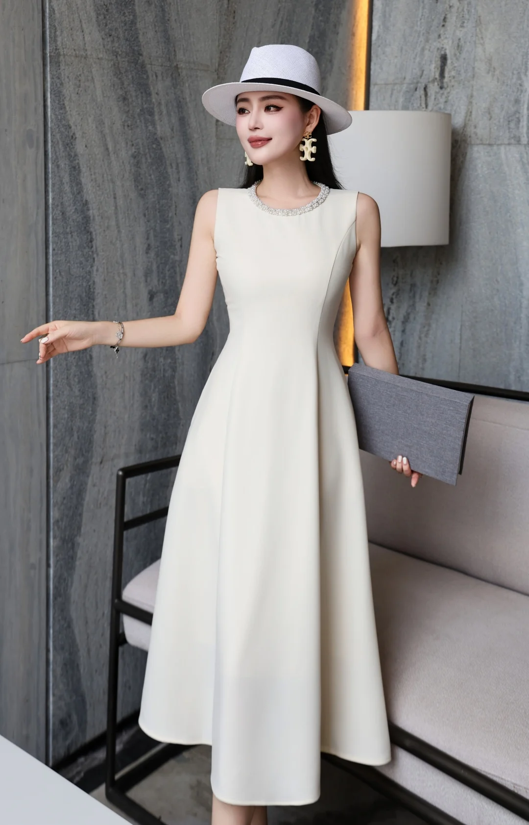 ZJYT 여성용 비딩 O넥 민소매 베이직 드레스 가을 신상 2025 패션 솔리드 미디 탱크 캐주얼 파티 드레스 여성 의류