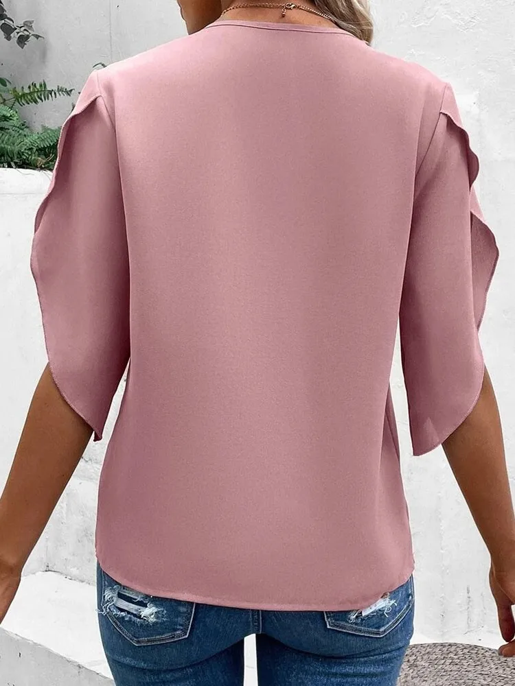 Blusa elegante para mujer, Tops de manga corta, moda de verano, camisa holgada de encaje negro con cuello en V para oficina, ropa de calle informal