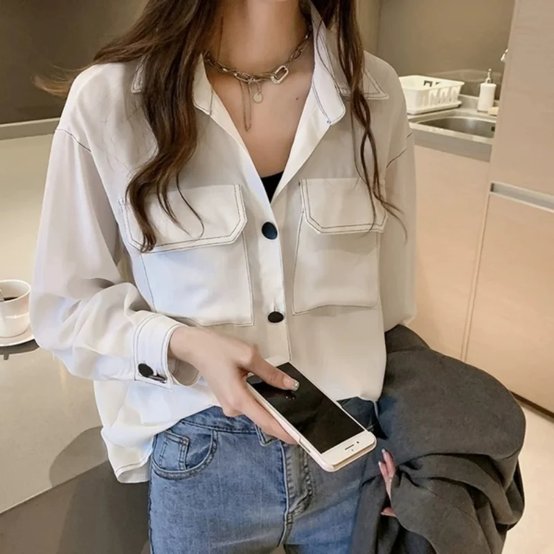 Clothes Chiffon Womens Shirt & Blouse Button Up Tops for Women Black Full Sleeves Collar Fashion 2024 Y2k Youthful Elegant Chic