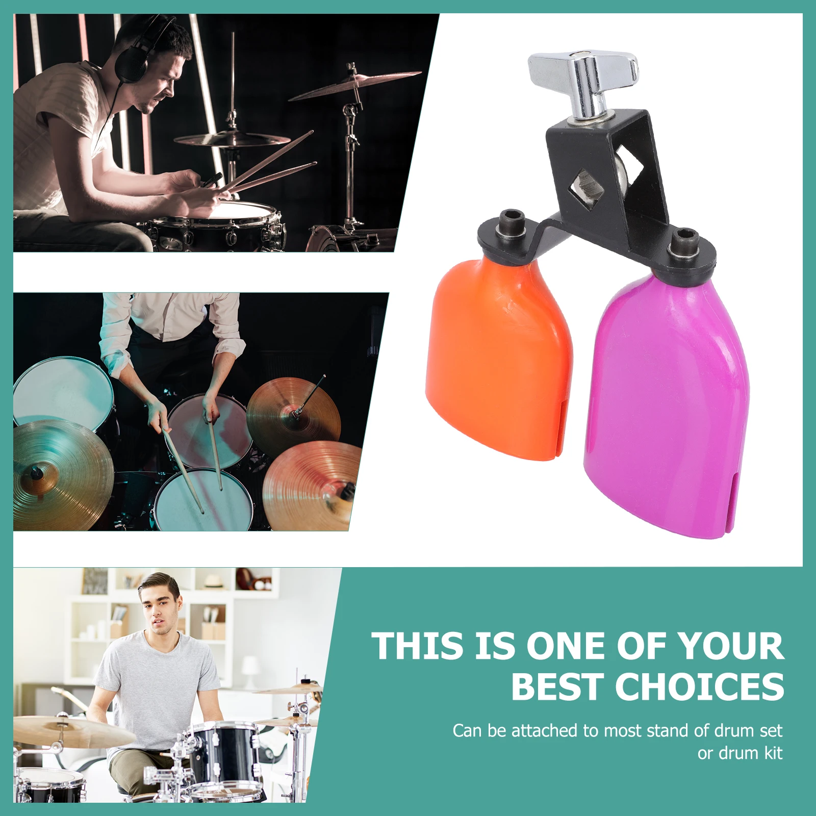 

Percussion Instrument Accessory High Low Tone Cowbell Set 2 Colors Iron Bracket Clear Sound Drum Kit Attachment
