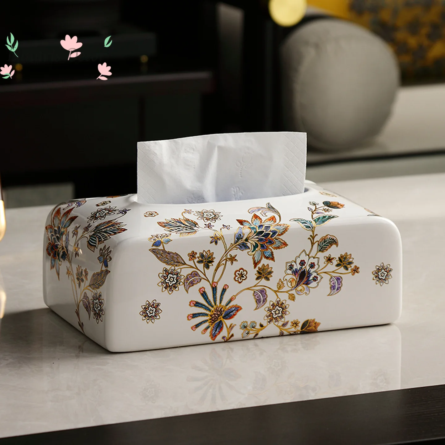 

Vintage Floral Ceramic Tissue Holder White with Gold Accent Rectangular Paper Towel Box for Living Room Bathroom