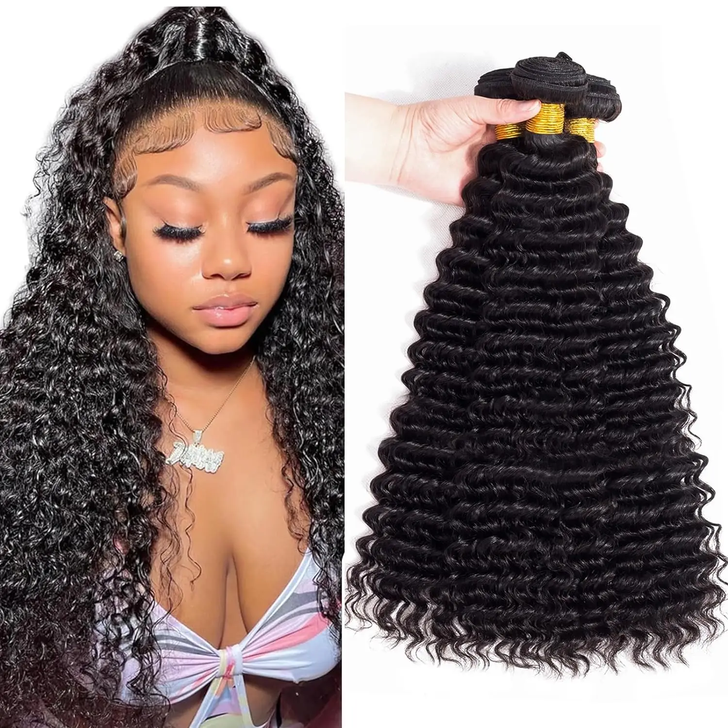 Tissage en Lot Brésilien 100% Naturel, Extensions de Cheveux Vierges, Bouclés, Deep Wave, Noir Naturel, 1/3