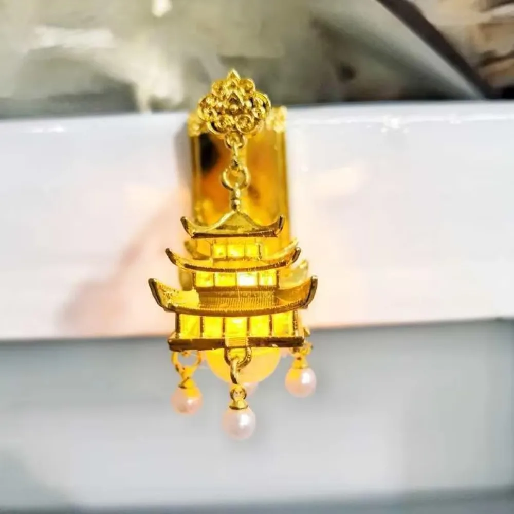 3D Glowing Lantern Fridge Magnet Openwork Design Retro Chinese Architecture Fridge Magnet Gold with Faux Pearls
