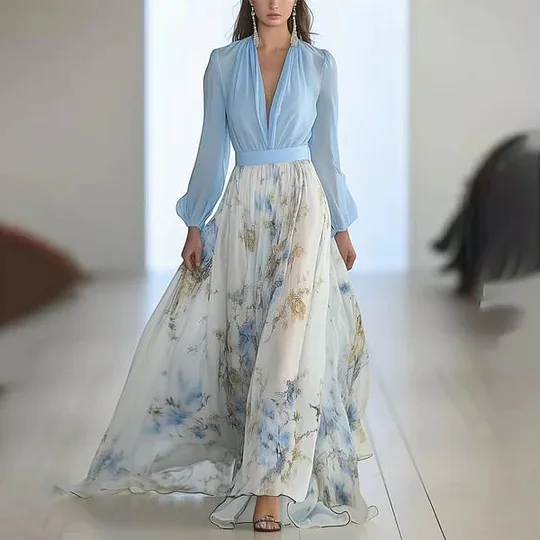 

2025 Printed Long-sleeved V-neck Splicing Long Dress Dress European and American Women's Clothing