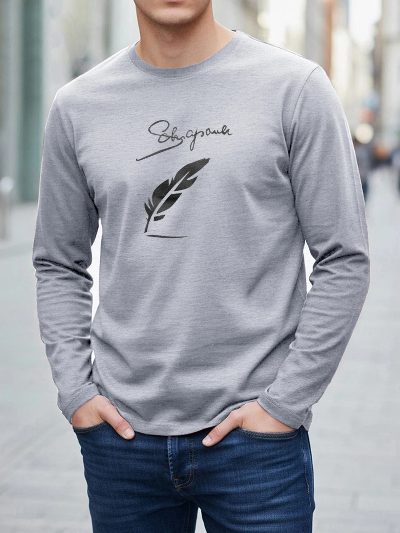 Fall 2026 Men's Long-Sleeve T-Shirt Minimalist Feather Print Relaxed Fit Round Neck Comfortable Sporty and Stylish Casual Top