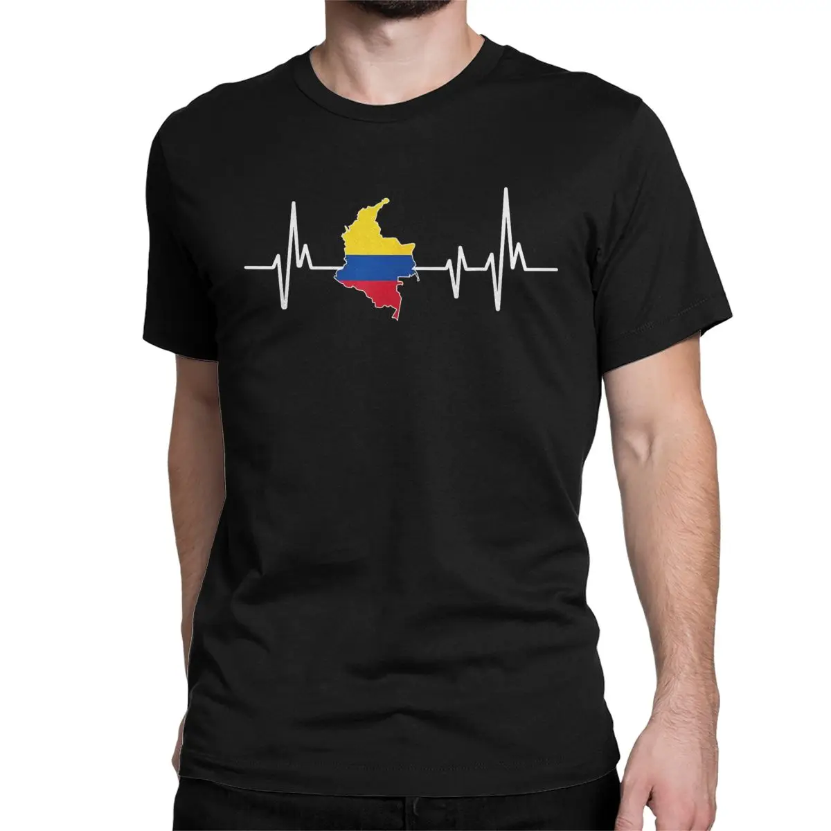 Men T-Shirts Heartbeat Design Colombian Flag Colombia Creative 100% Cotton Tee Shirt Short Sleeve T Shirt Round Neck Clothing