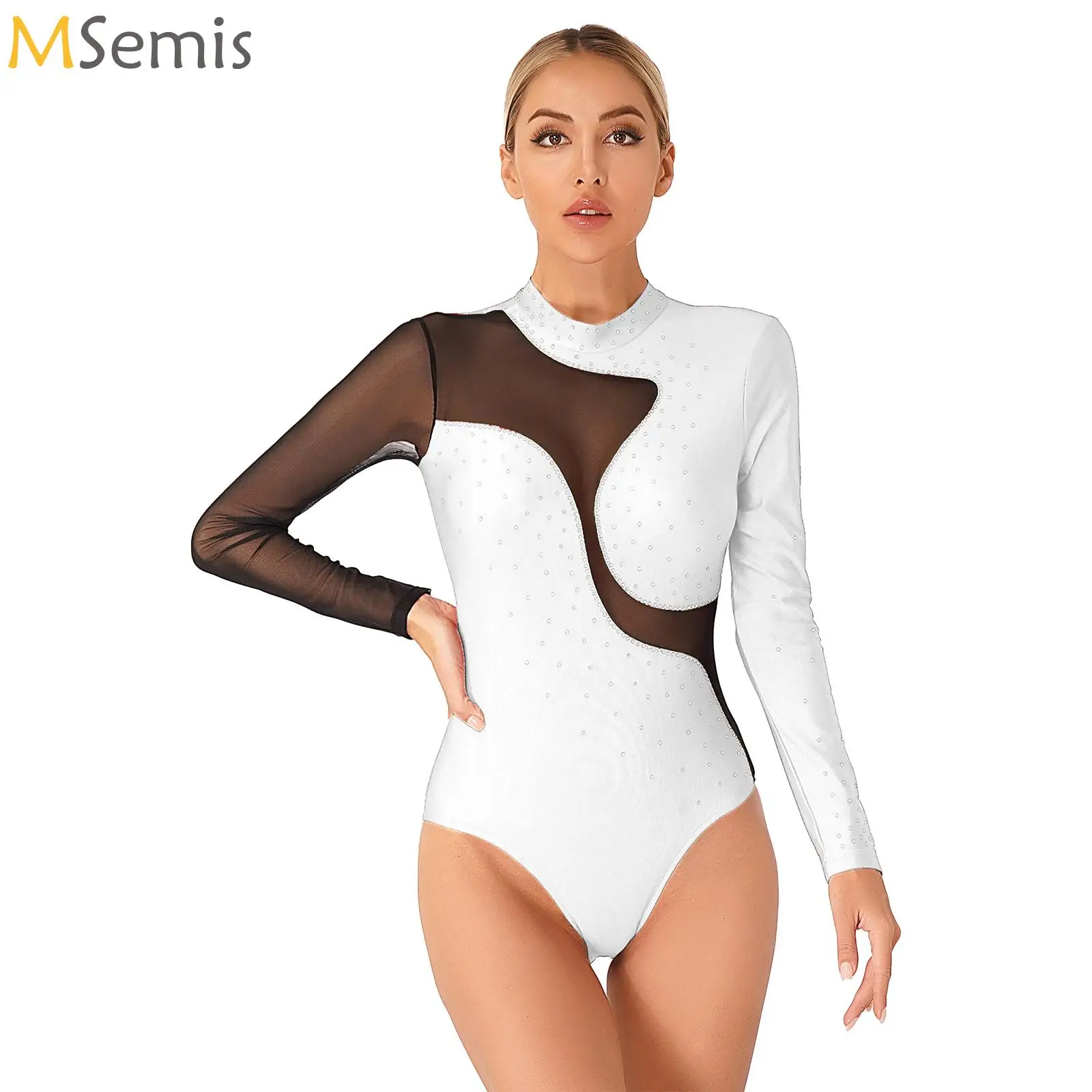 レディースラインストーンバレエジャージ体操ダンスアクロバットフィギュアスケートボディスーツシアーメッシュパッチワークロングスリーブレオタード