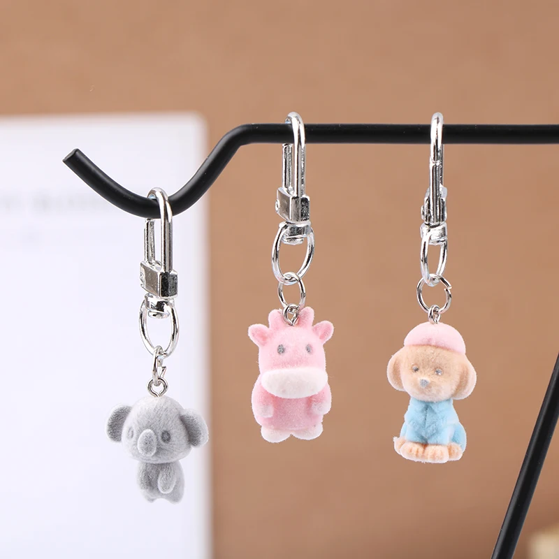 3D Cute Flocked Small Animal Plush Keychain Cartoon Flocked Dog Keychain Animal Pendant Backpack Dangling Car Accessories