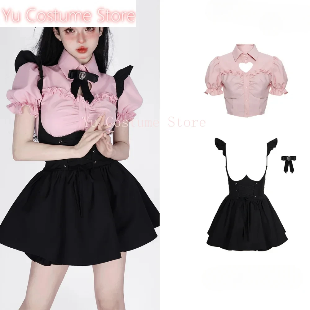 

Summer Cute Girl Kawaii WomenKorean Stlye Elegant Pink Puffed Sleeves Heart Hollow Shirt + Black Suspender Mini Skirt Yu Costume