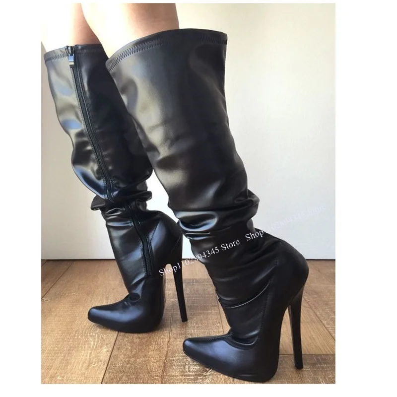 Black Knee High Zipper Boots Pointed Toe Thin High Heel Fashionable Novel Sexy Woman Shoes Winter Party Zapatillas Mujer