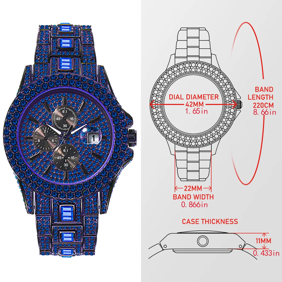 Men Watch With Blue Diamond Special Trendy Hip Hop Quartz Wristwatches For Male Luxury Watches With Three Decorative Dials New