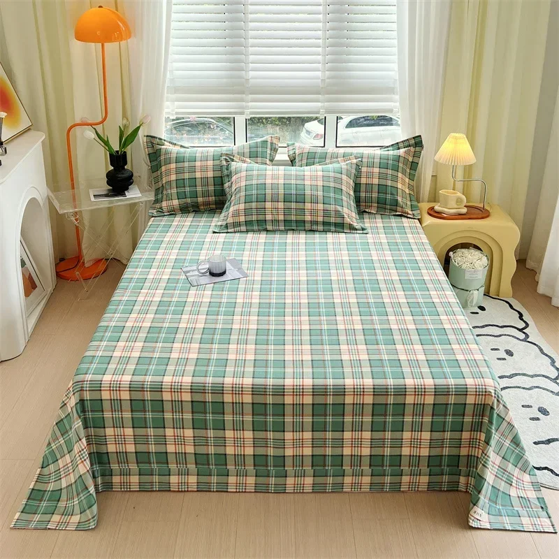 

Green Check Raw Cotton Bed Sheets For Double Bed All Seasons Bed Cover Full Set Queen/King Size Flat Top Sheets No Pillowcase