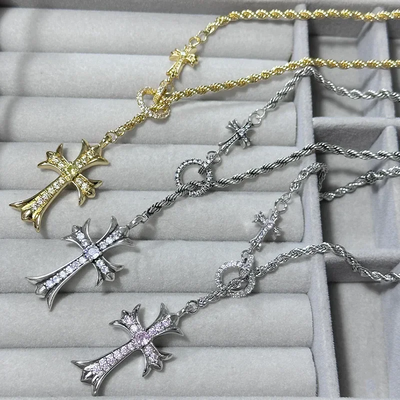 

MDL Moissanit1 style Classic Vintage Necklace Cross with Sparkling Pink Diamonds Wrap Around Bracelet