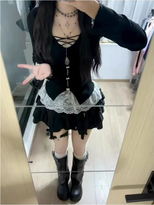 

Pure Desire Sweet Spicy Design Lace Splice Slim Fit Knitted Black Puffy Skirt Set Sexy Girl Style Long Sleeve Two-Piece Suit