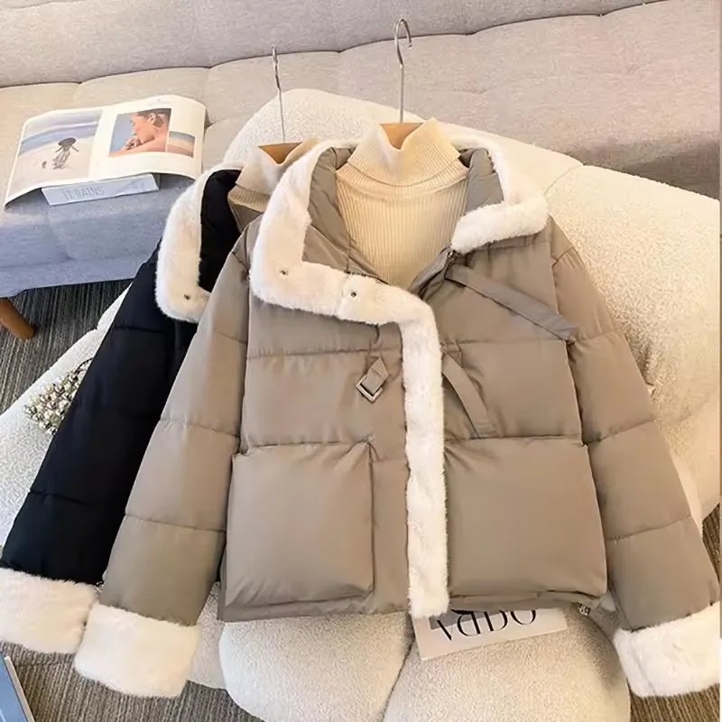 Women Cotton Coat  Cuff Splicing Lamb Wool Stand Collar Warm Parkas Winter Coat Thicken Warm Bread Outerwear Female