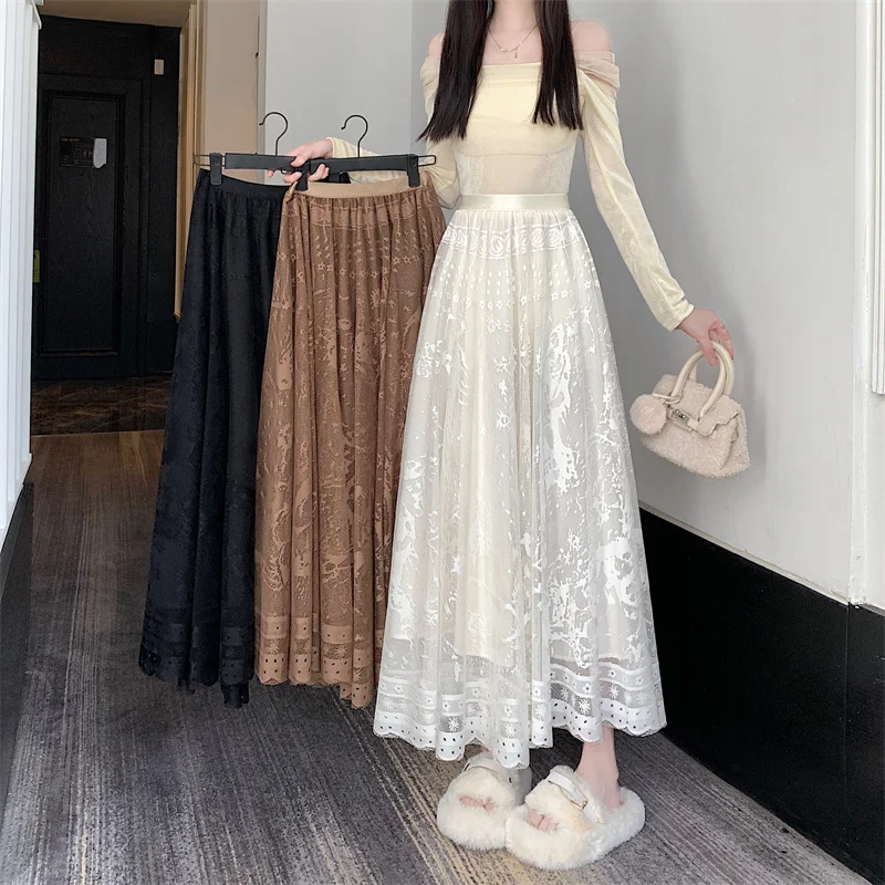 

Ретро-юбка с кружевной отделкой, внутренняя подкладка под юбку, для создания эффекта стройности, длинная А-образная миди-юбка с пышным подолом, полиэстер