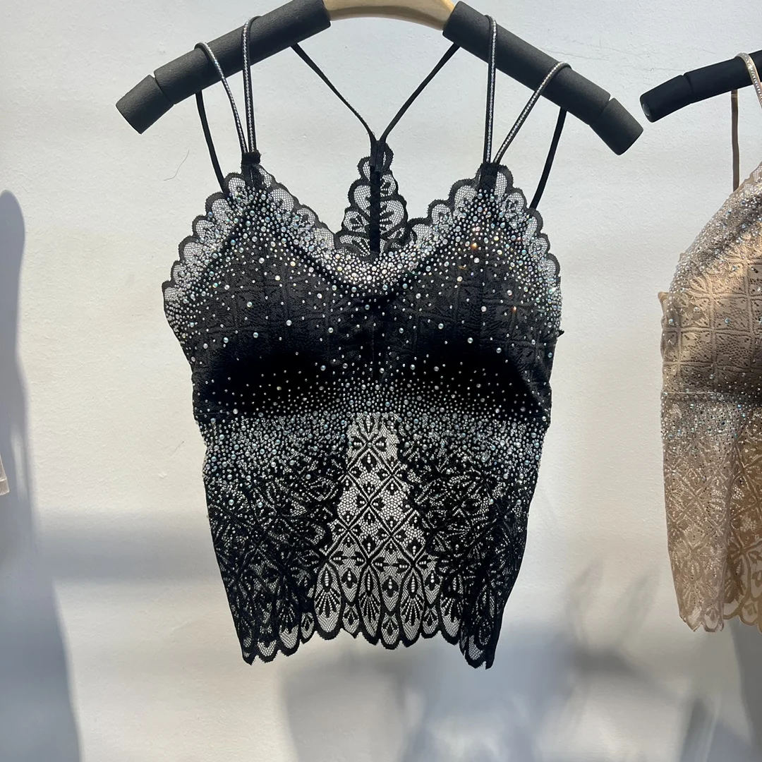black lace camis women sexy rhinestones camisole