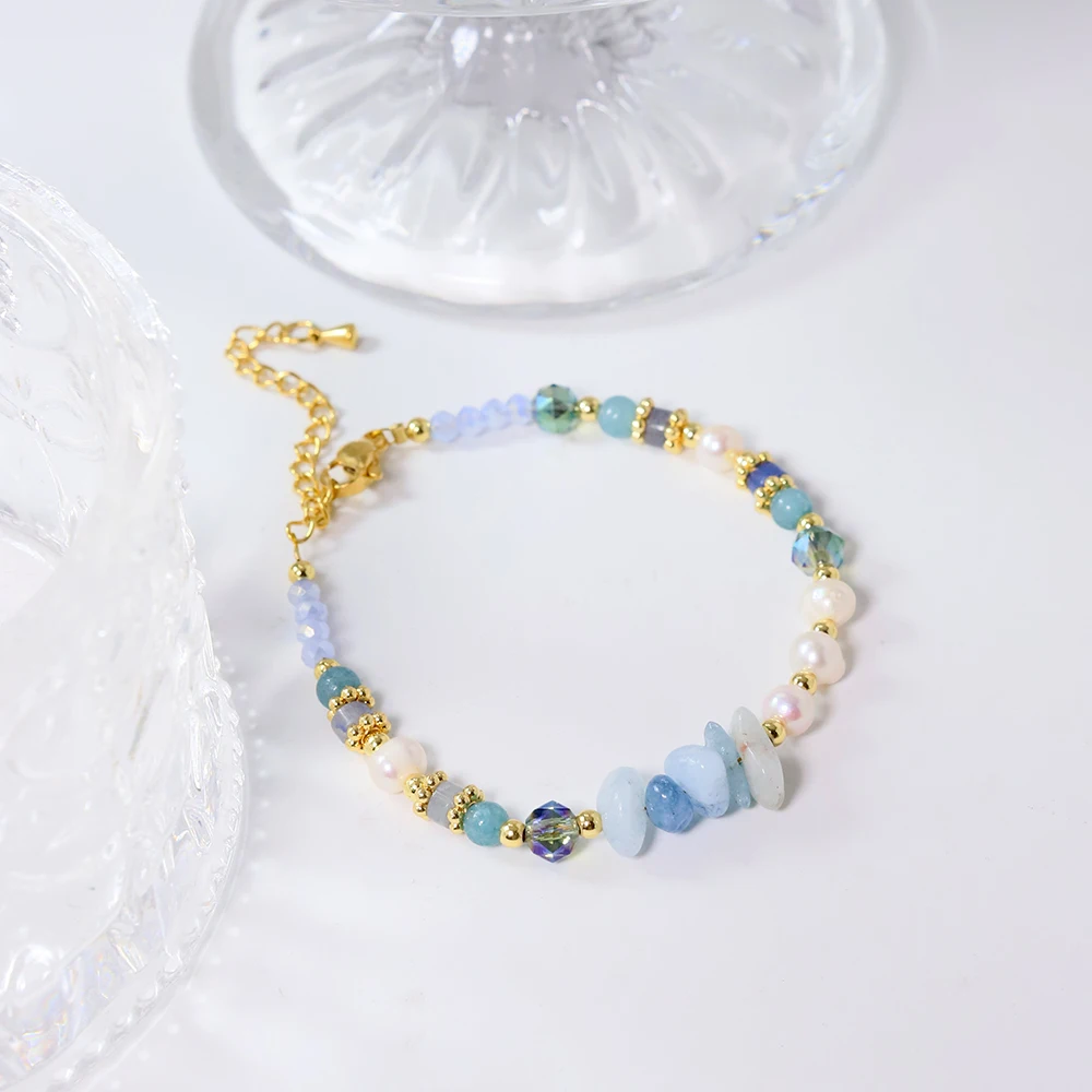 Natural Pearl Sea Blue Treasure Beaded Bracelet Retro Palace Style Fashion Jewelry Bracelet Gifts for Mom Wife Girlfriend GB1105