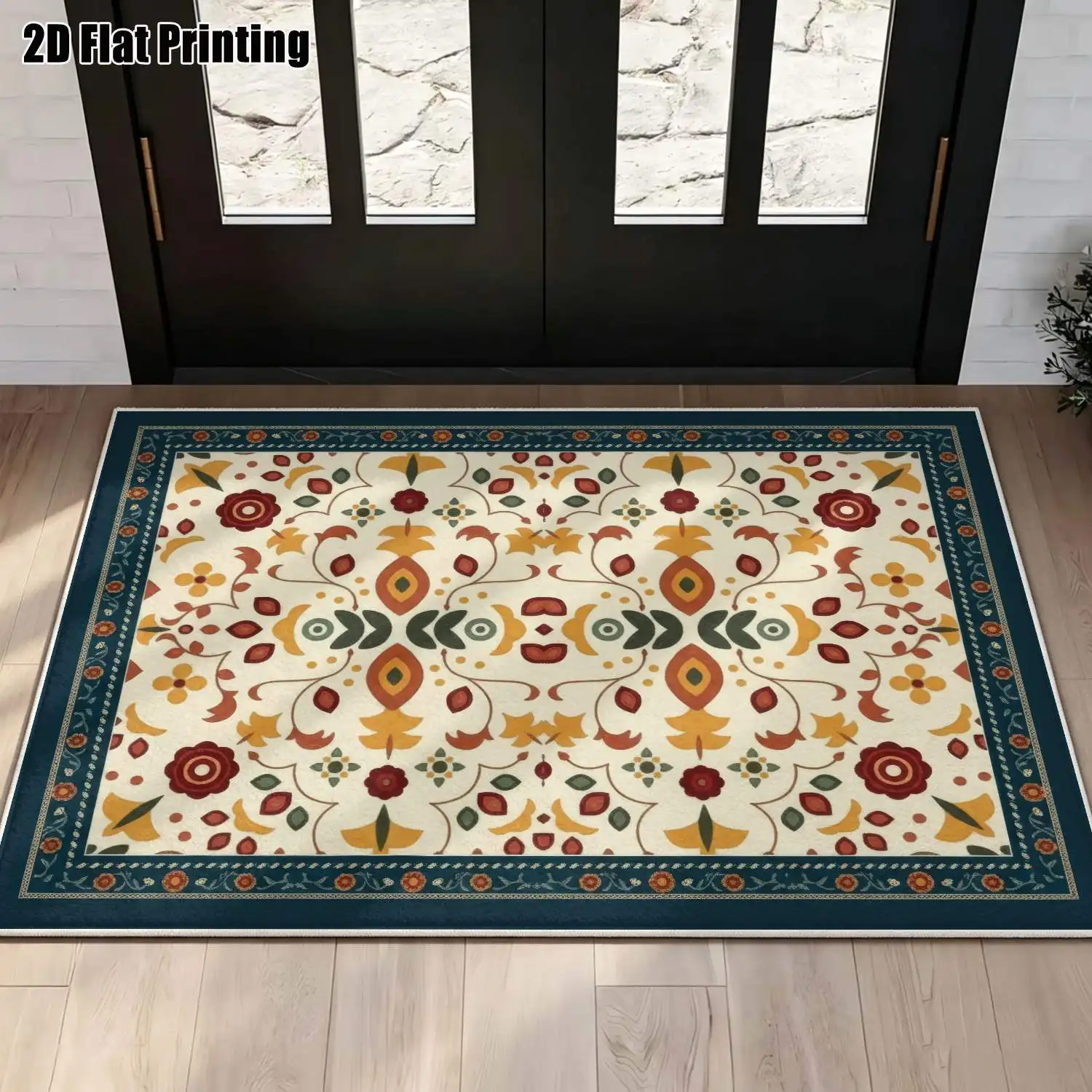 1Pc 2D Printed Retro Beige Floral Velvet Carpet, European/Bohemian/Geometric/Simple Retro Style, Multi-Size Machine Washable Home Decor Rug for Entryway, Dining Room, Foyer, Bedroom, Living Room