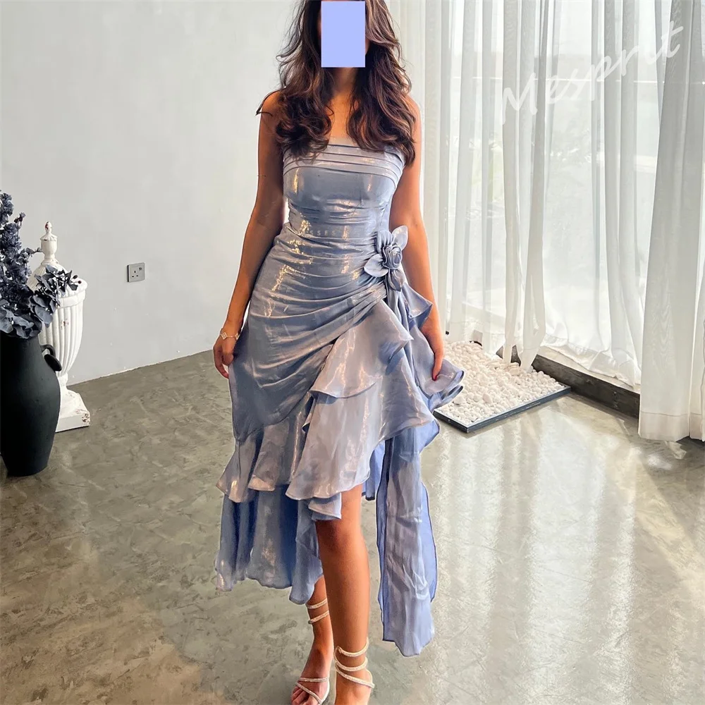 Exquisite Sparkle High Quality Charmeuse Flower Ruffle Pleat Engagement Sheath Strapless Bespoke Occasion Gown Midi Dresses