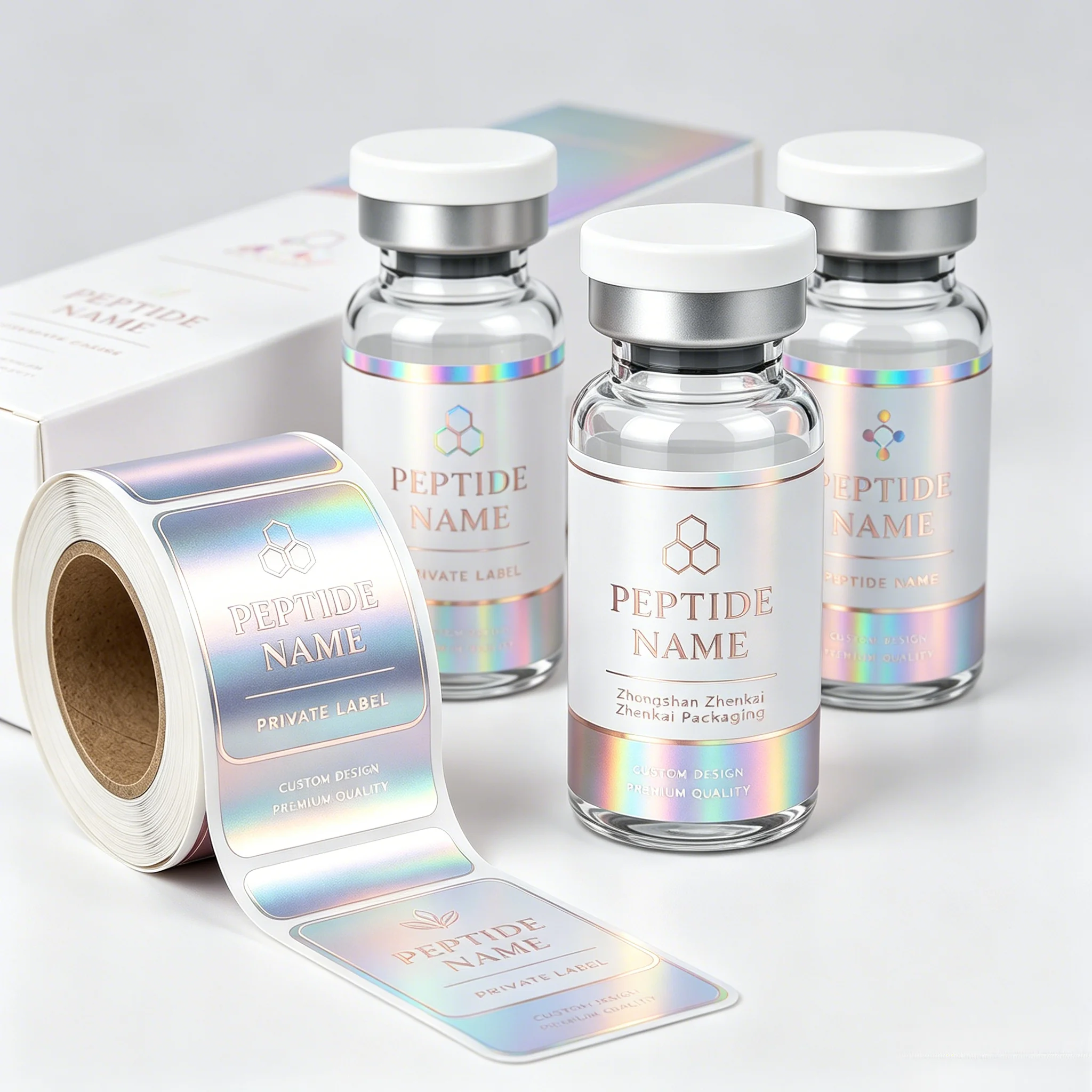 Single Vial Custom Packaging Boxes With Custom Waterproof Vinyl Logo Labels Stickers For 3ml 10ml Peptide Bottles