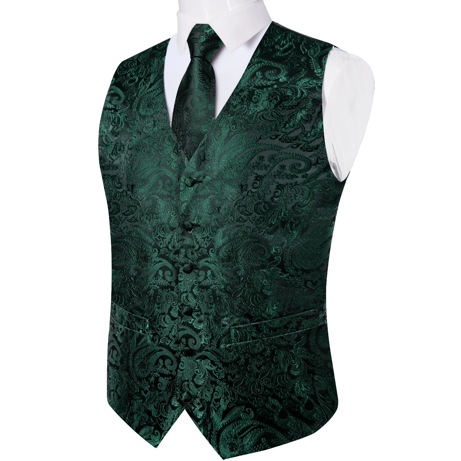 Fashion Green Paisley Vest for Man Business Wedding Party Classic Men\'s Sleeveless Waistcoat Pocket Square Sets Chaleco Hombre