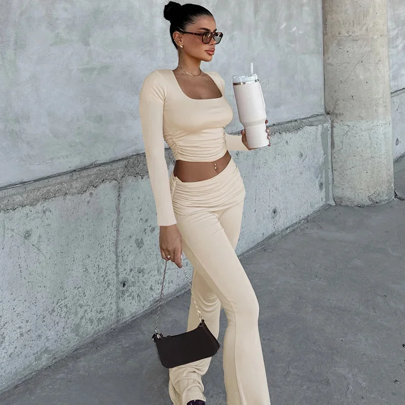 Autumn Women 2 Piece Sets Classic Basic 2024 New Full Sleeve U-neck Crop Tees High Waist And Slim Pants Female Matching Suits