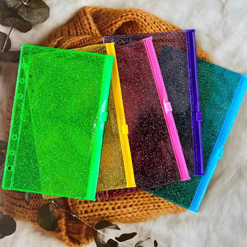 5pcs/Lot Colorful Shiny A6 Binder Pockets PVC Binder Loose Leaf Bag 6-Ring Notebook Waterproof Pouch Document Filing Bags