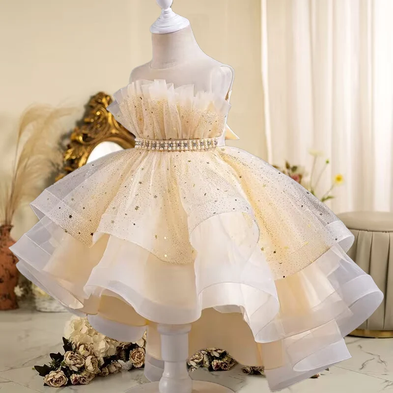 Robe de soirée à paillettes pour enfants, robe de princesse en fibre, maille de queue, fête d'anniversaire, été, nouveau, 3-12 ans