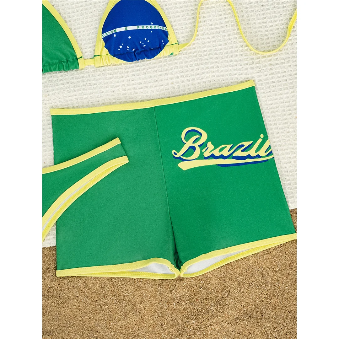 Neu mit Shorts, Flaggenmuster, Bikini, Damen-Badeanzug, dreiteiliges Bikini-Set, Damen-Bademode, Neckholder-Badeanzug, Badebekleidung, Schwimmbekleidung V7600 – Detail 5