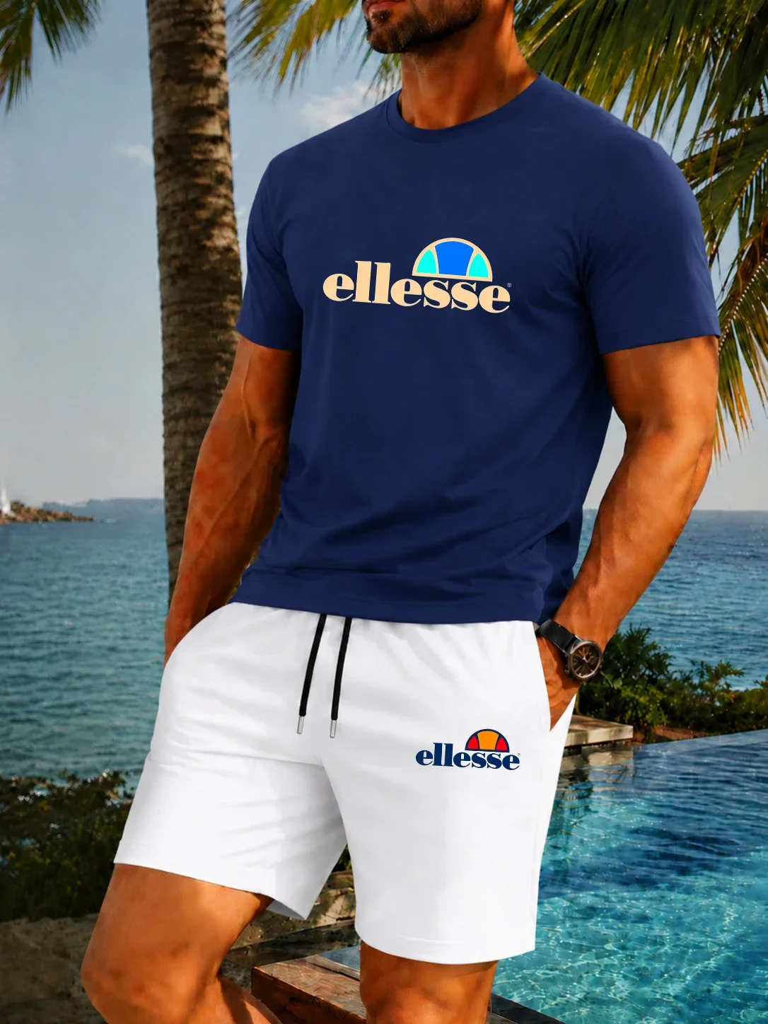 New Summer Casual and Fashionable Men's Classic Round Neck Breathable T-Shirt Paired with Shorts Outdoor Fitness Two-Piece Set view 2