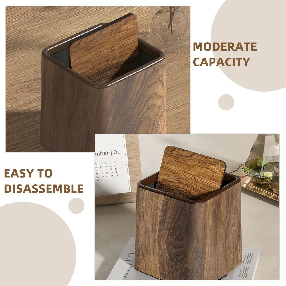 

Imitation Wood Grain Trash Can Retro Kitchen Office Garbage Can Lid Waste Paper Basket Plastic Household Bin Bathroom