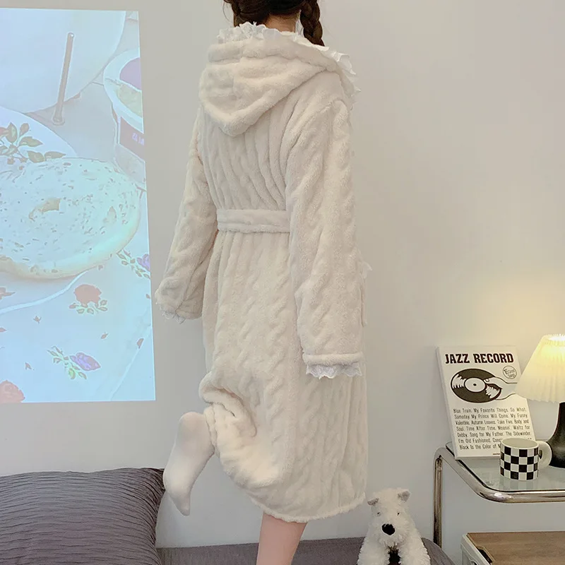 Coral Fleece Solid Nightdress Winter Night Wear Lace Robe for Women Hooded Nightgown Warm Sleepwear Long Sleeve Homewear