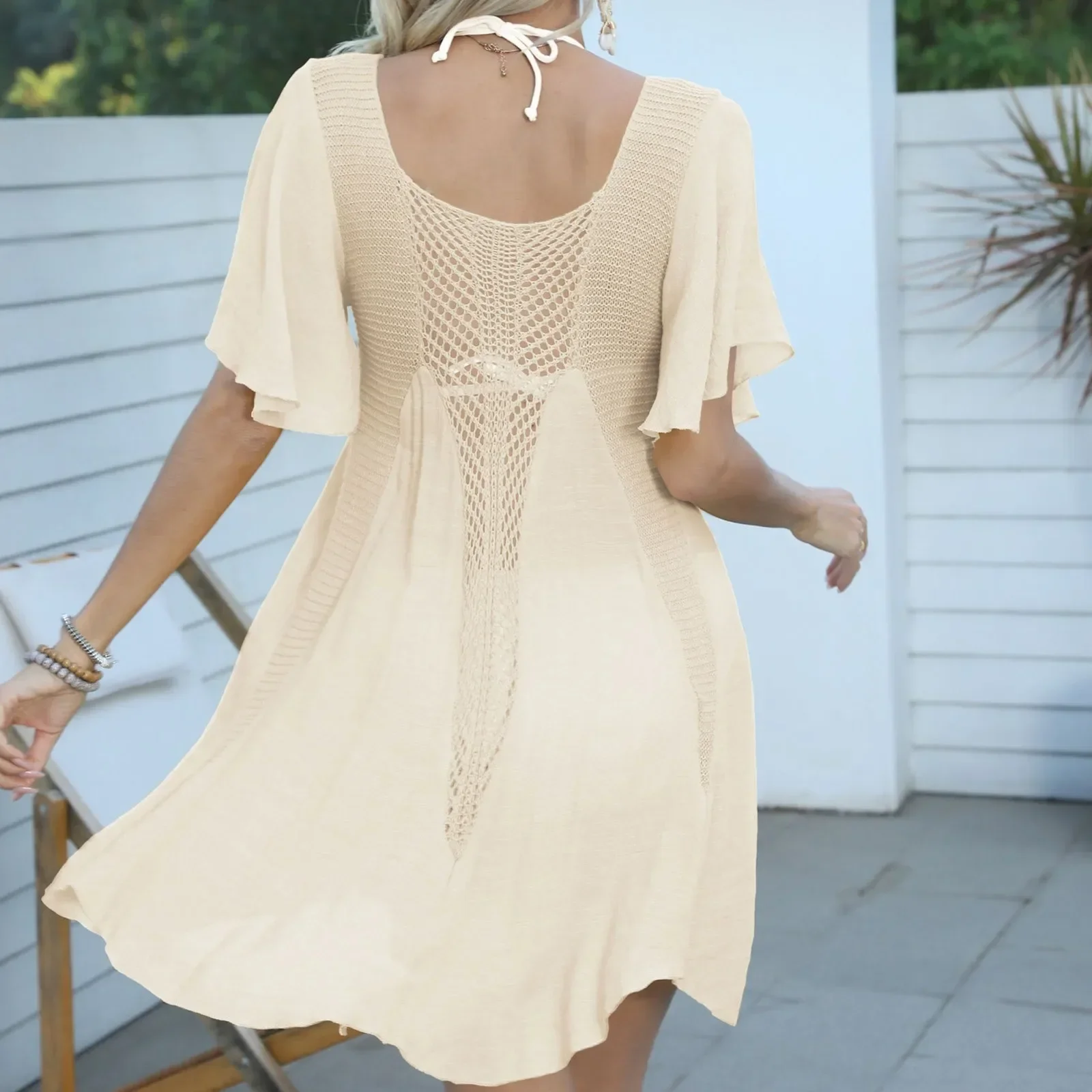فستان نسائي لتغطية عطلة الشاطئ، ملابس أوروبية وأمريكية، خياطة منسوجة، فستان تنورة كبير غير منتظم